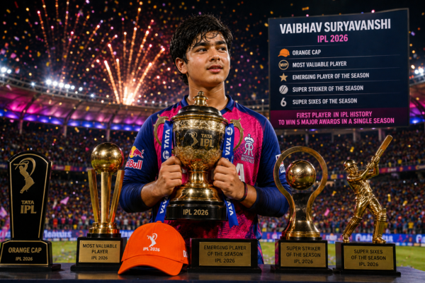 Young cricket sensation Vaibhav Suryavanshi standing with multiple IPL awards and trophies after a record-breaking season.