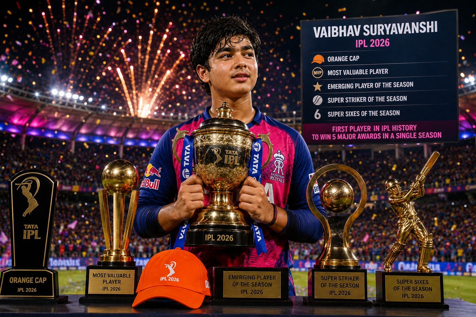 Young cricket sensation Vaibhav Suryavanshi standing with multiple IPL awards and trophies after a record-breaking season.