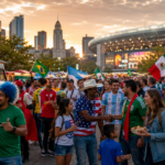 International football fans celebrating FIFA World Cup 2026 with American locals near a stadium.