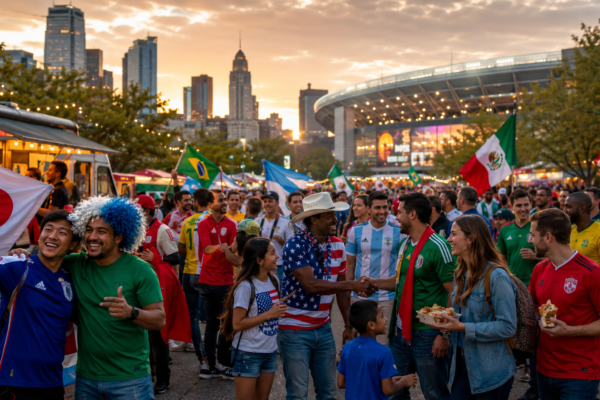 International football fans celebrating FIFA World Cup 2026 with American locals near a stadium.