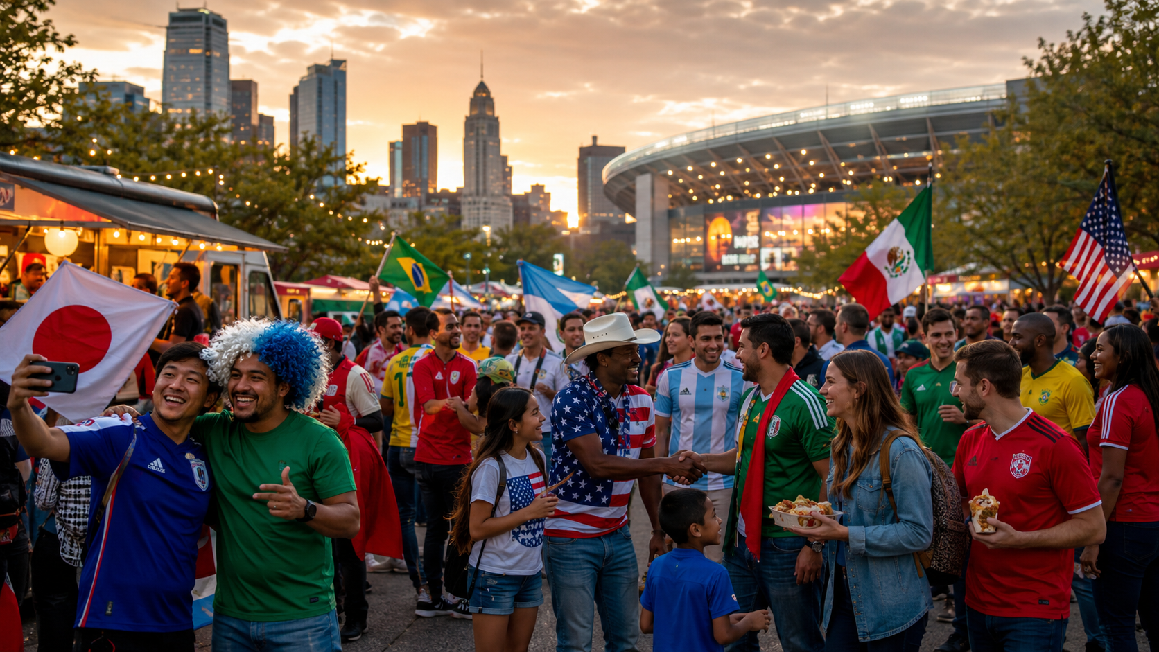 International football fans celebrating FIFA World Cup 2026 with American locals near a stadium.