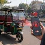 E-rickshaw on Indian road with digital security warning concept