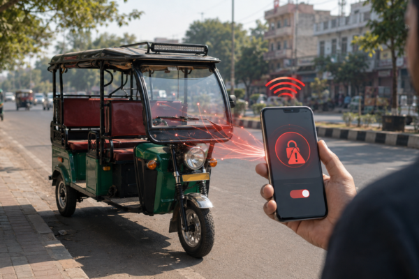 E-rickshaw on Indian road with digital security warning concept