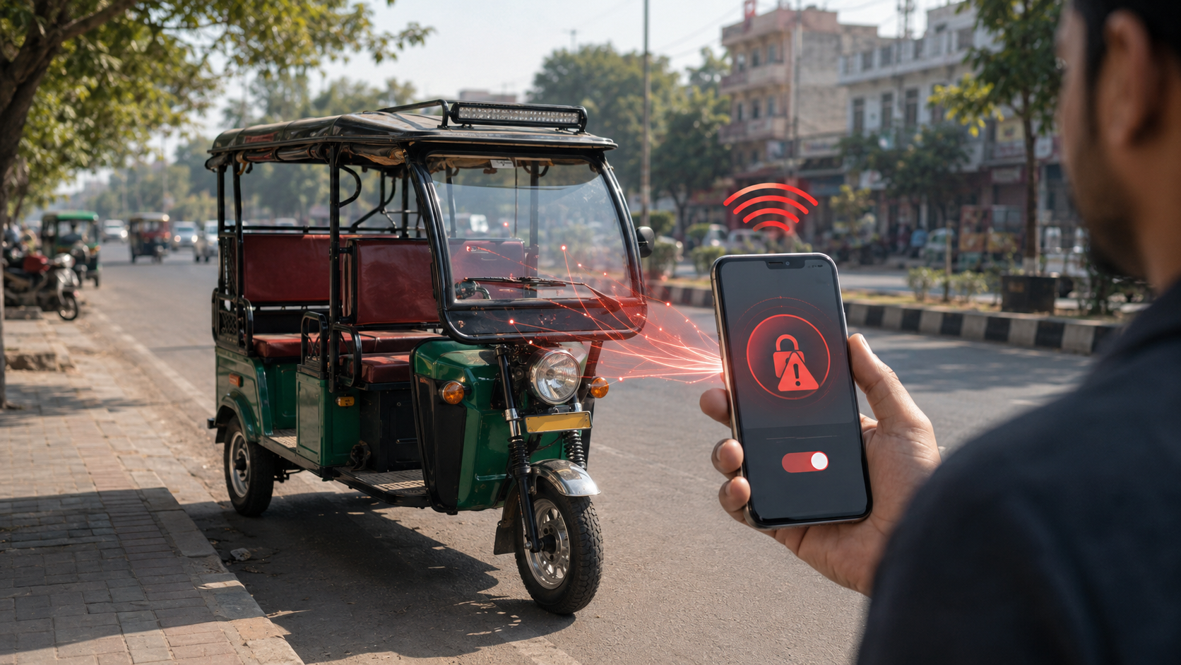E-rickshaw on Indian road with digital security warning concept