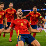 Mikel Merino and Spain players celebrate their FIFA World Cup 2026 quarter-final victory over Belgium.