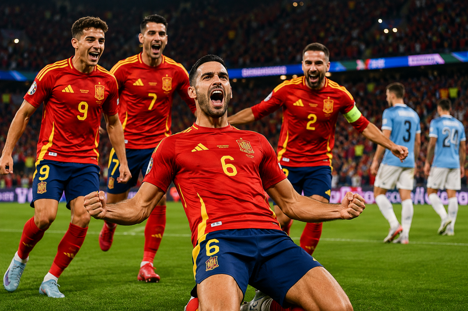 Mikel Merino and Spain players celebrate their FIFA World Cup 2026 quarter-final victory over Belgium.
