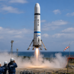 Japan’s experimental RV-X reusable rocket performs a controlled vertical takeoff and landing test.