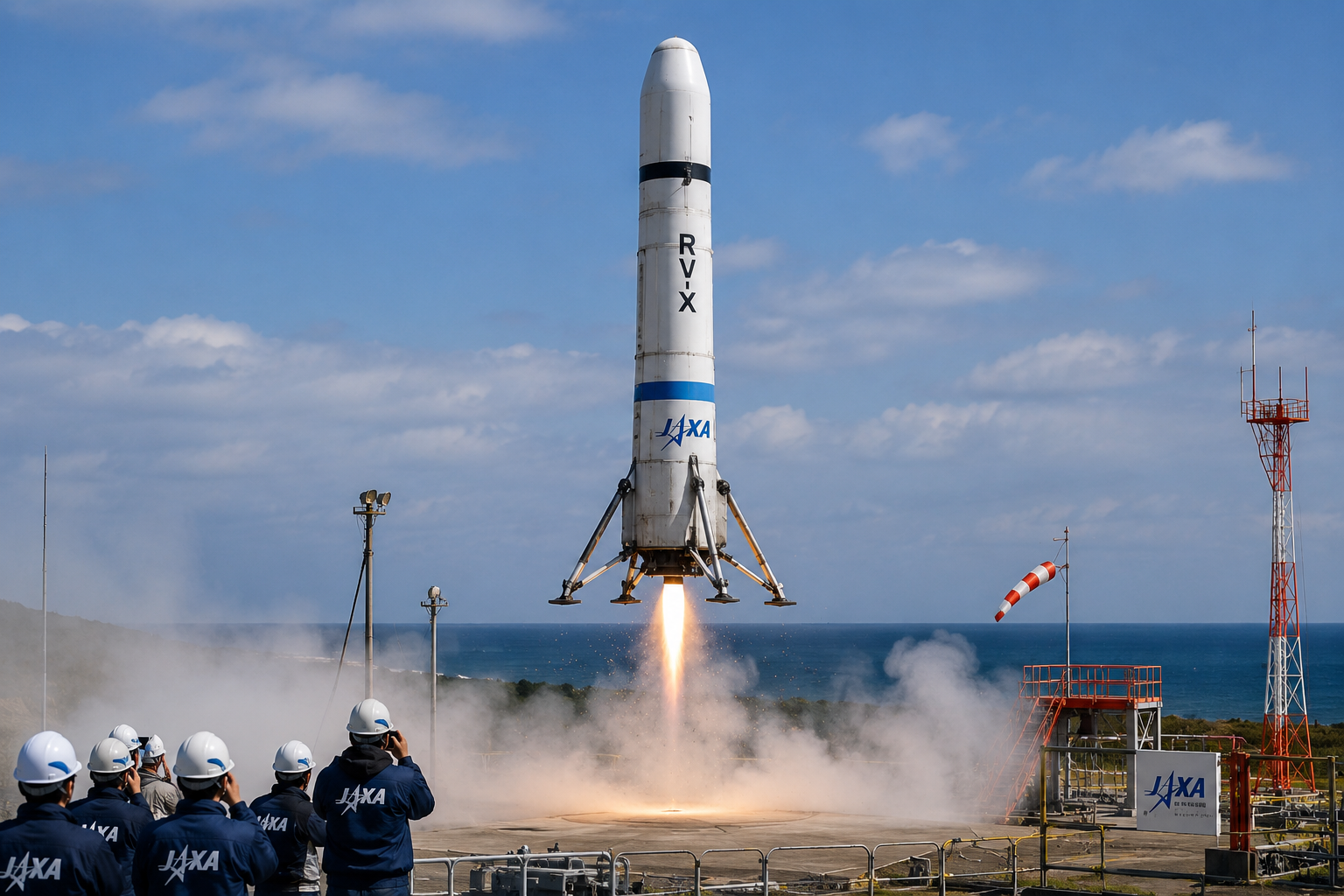 Japan’s experimental RV-X reusable rocket performs a controlled vertical takeoff and landing test.