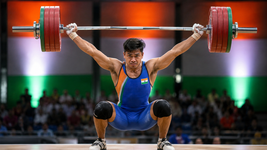 Rishikanta Singh representing India during the men’s 60kg weightlifting event at the Commonwealth Games 2026