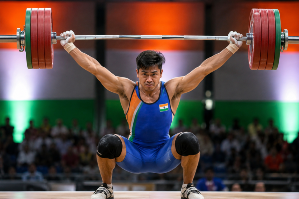 Rishikanta Singh representing India during the men’s 60kg weightlifting event at the Commonwealth Games 2026